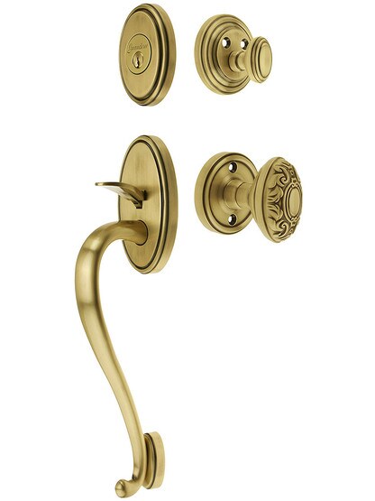 Georgetown Entry Handle Set in Antique Brass Finish with Grande Victorian Knob and
